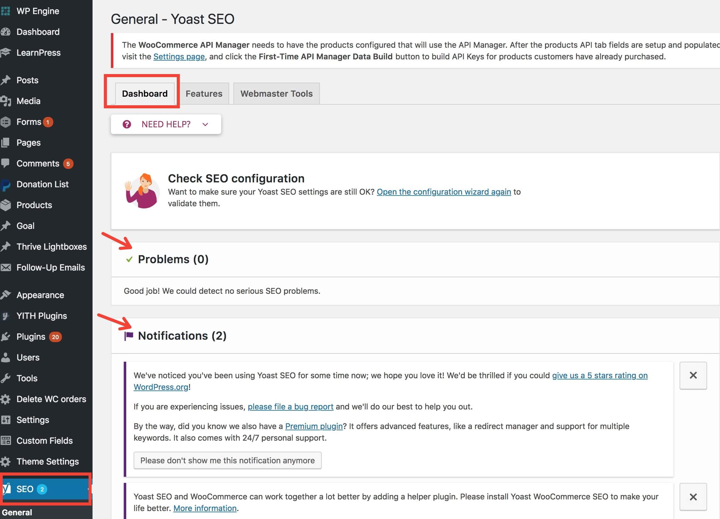 WordPress Admin Yoast SEO Dashboard Page, displaying the Problems and Notifications panels