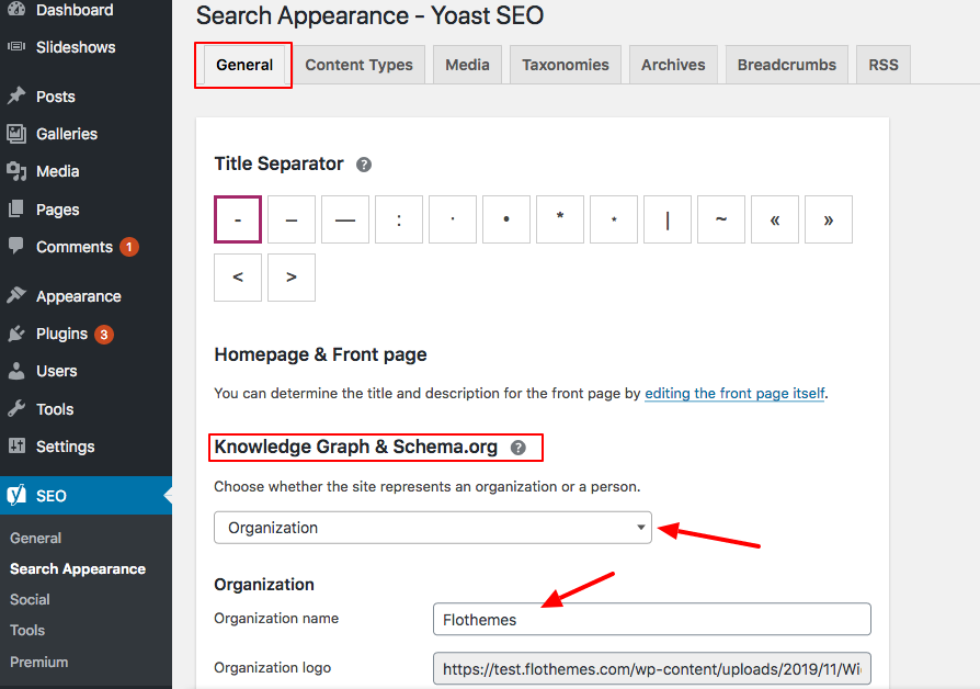 The General tab of Yoast Search Appearance, where you can see the Title Separator and Knowledge Graph checkboxes.