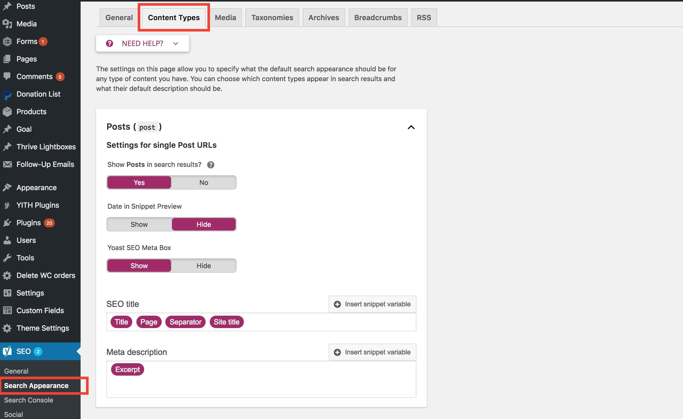 On the Content Types page of Yoast Search Appearance, you can see the indexing toggle and snippet preview settings for Posts.