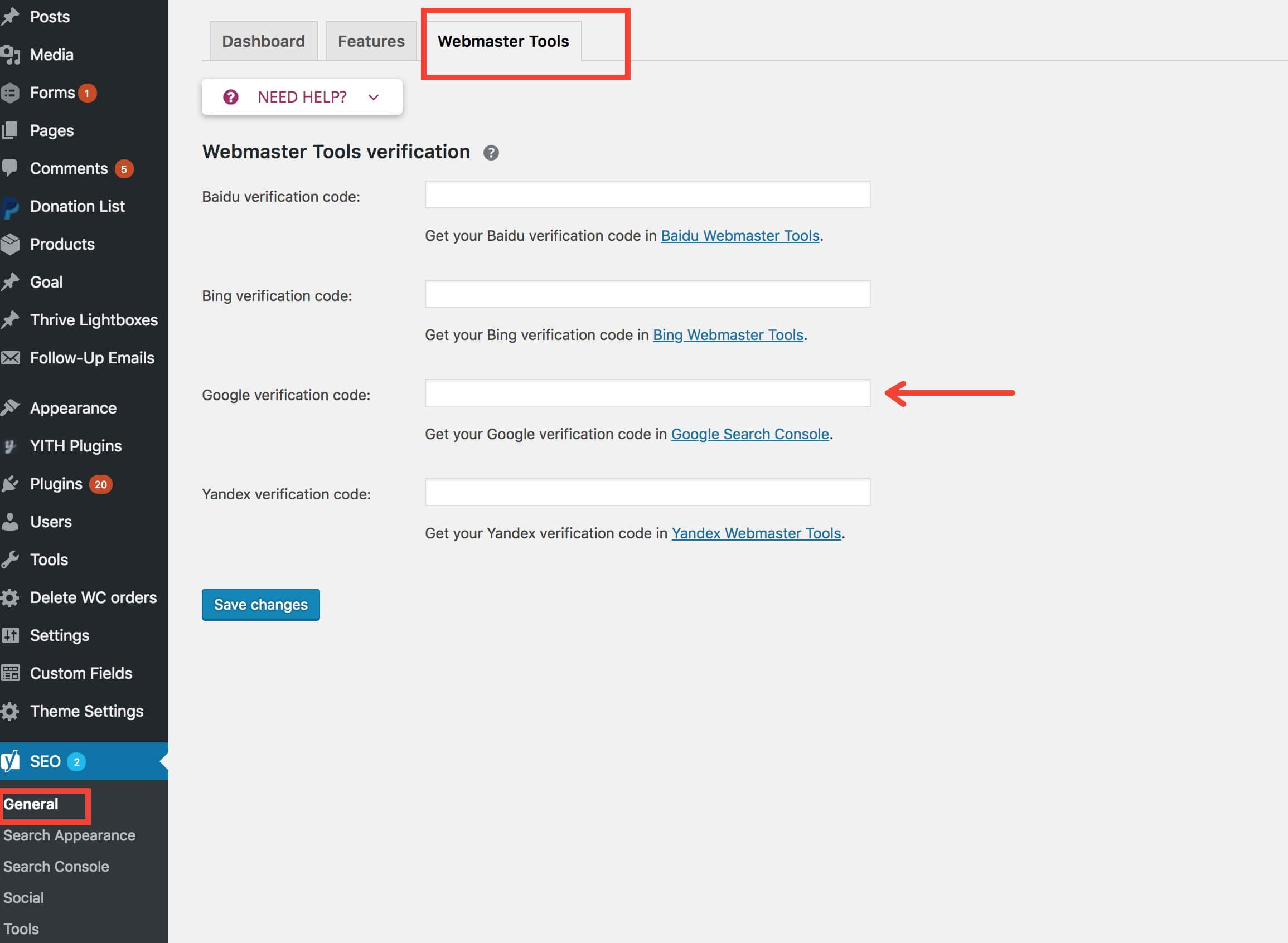 Yoast Webmaster Tools verification page, featuring a Google verification code input field and a Save button