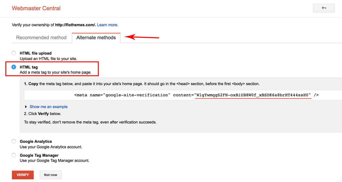 On the Alternate Methods page in Webmaster Central, select the HTML tag and display the meta tag code.