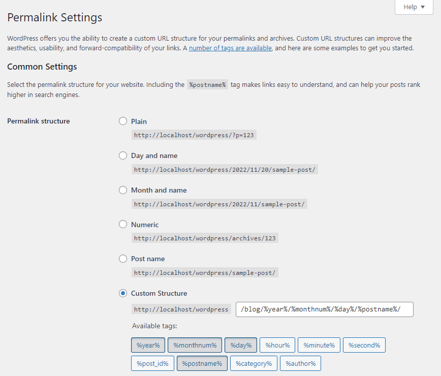 In the WordPress backend Permalink Settings page, select the Post name and Custom structure input fields.