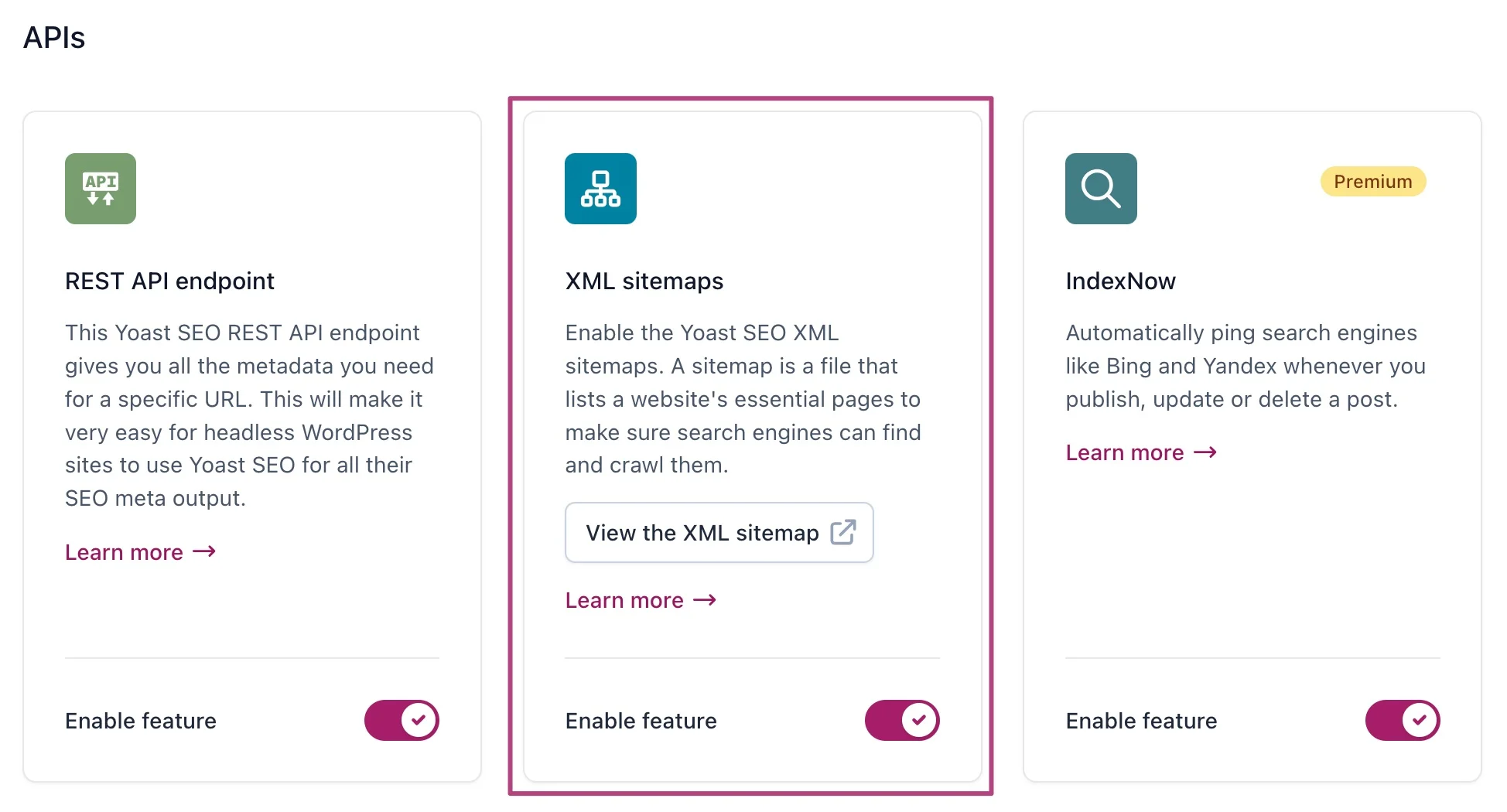 The XML Sitemaps card and the View the XML sitemap button in the APIs section of Yoast SEO settings