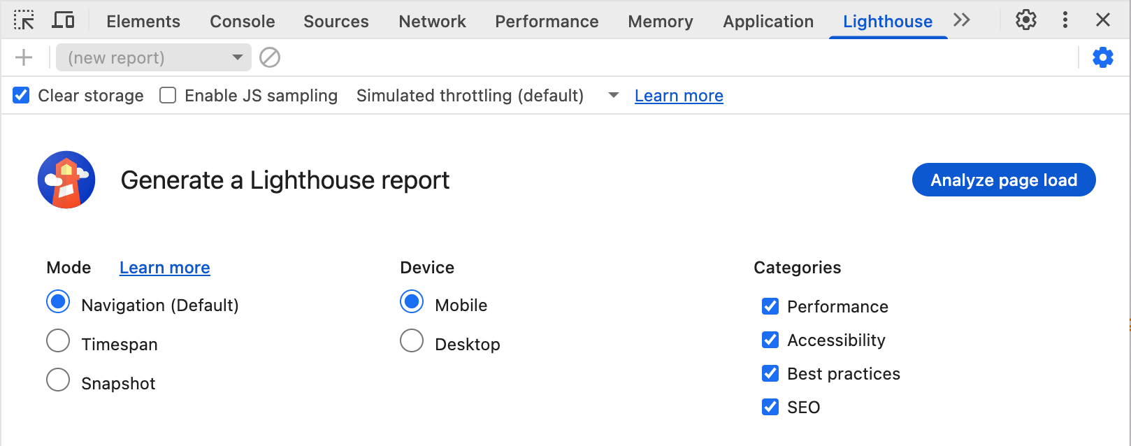 The interface in Chrome DevTools' Lighthouse panel where you select Mobile and check categories like SEO.