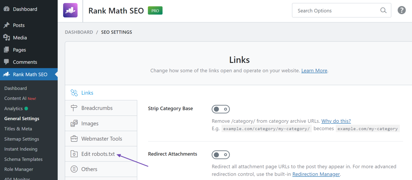Rank Math设置界面左侧列表中Edit robots.txt入口被标注
