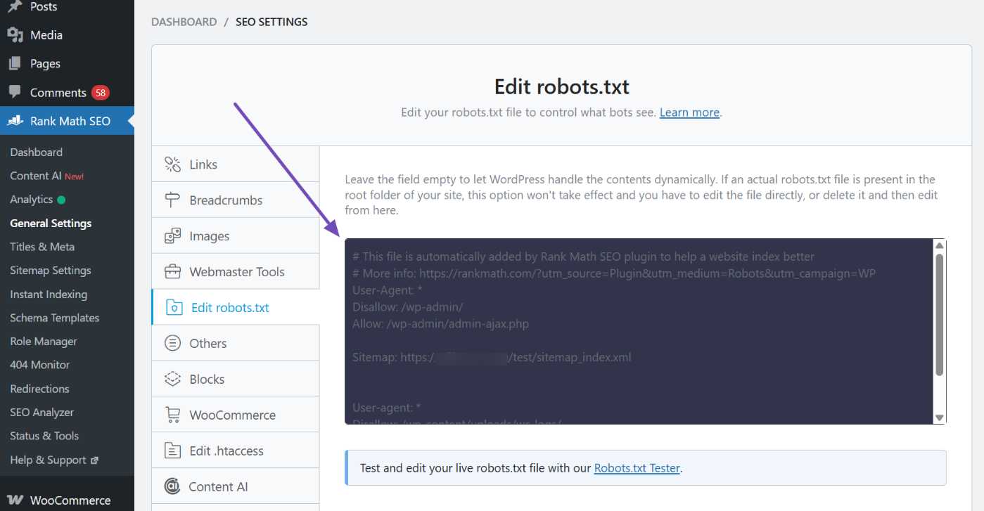 Rank Math的Edit robots.txt页面展示文本框内规则与Sitemap行