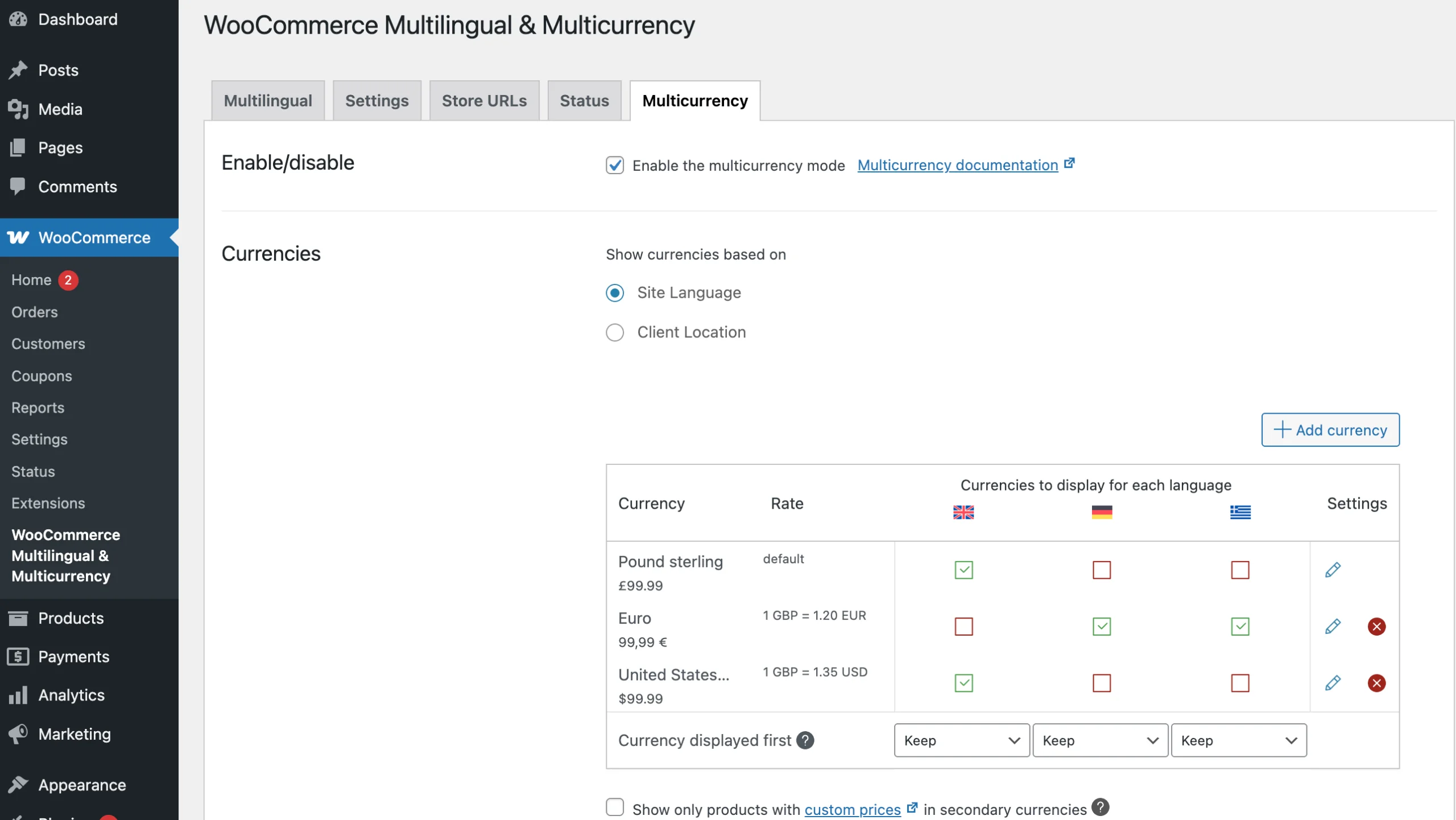 进入 WooCommerce Multilingual 模块，添加所需货币