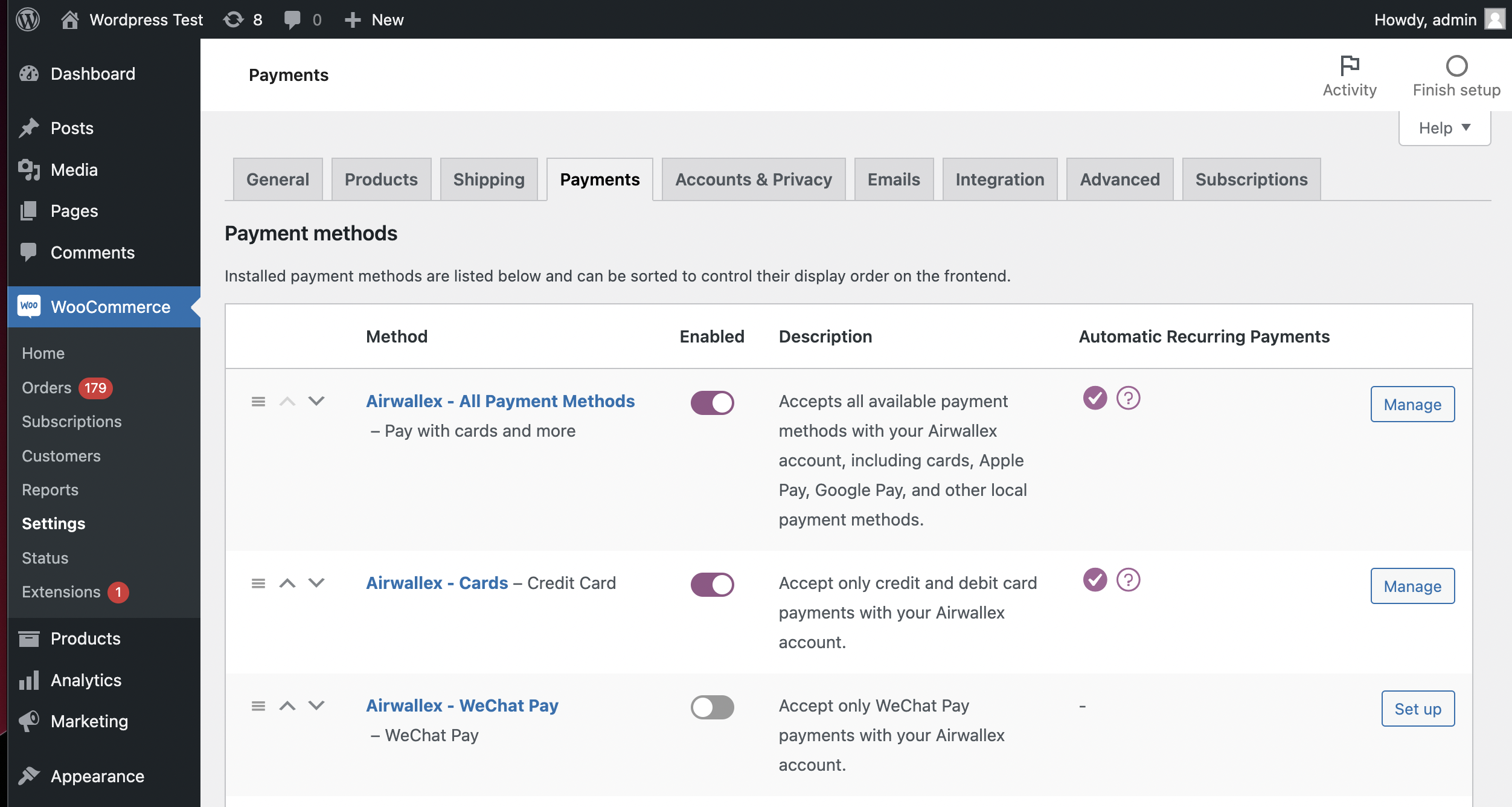 Airwallex WooCommerce plugin 后台配置界面截图