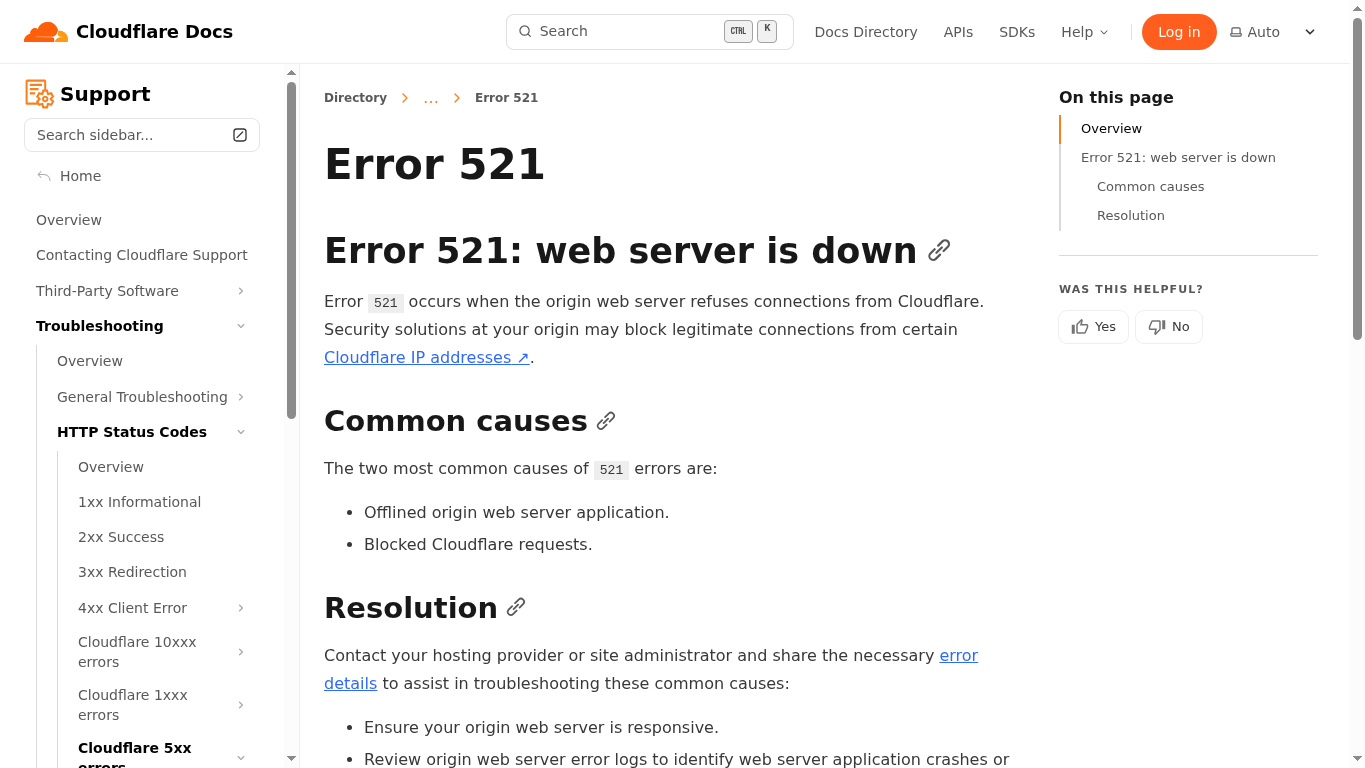 Cloudflare Error 521 Web server is down 官方文档截图