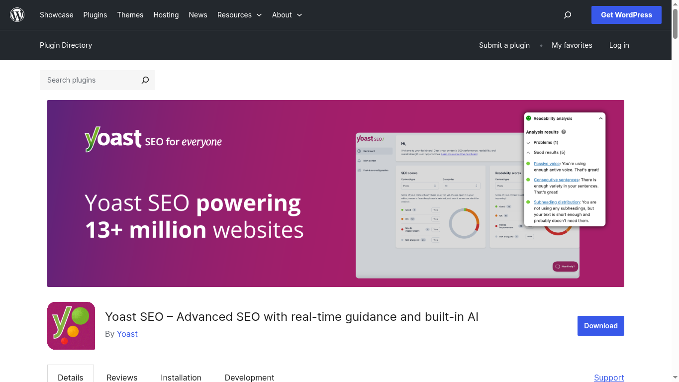 WordPress.org Yoast SEO 插件页面截图,用于对比 Yoast、Rank Math Pro 与内链插件的定位