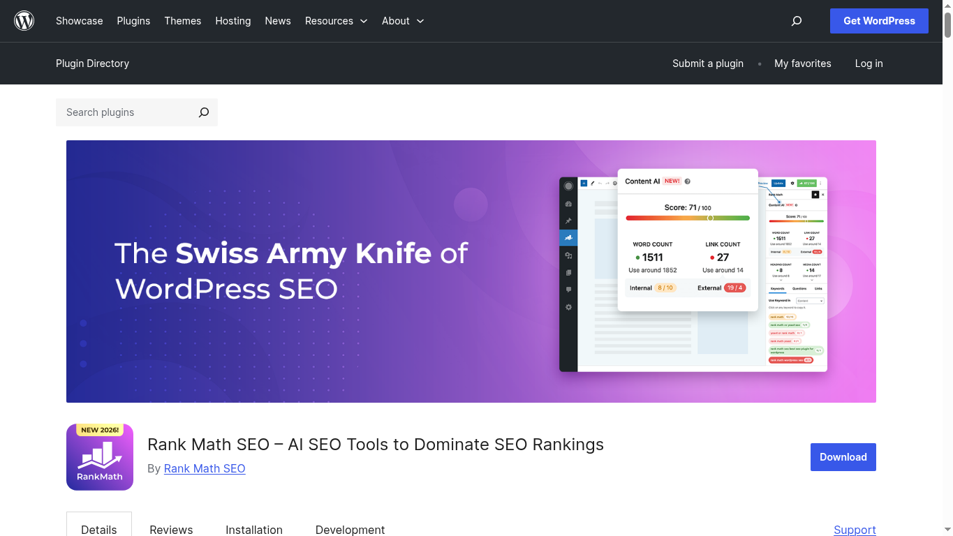 WordPress.org Rank Math SEO 插件页面截图，说明基础 SEO 插件与内链工具的分工